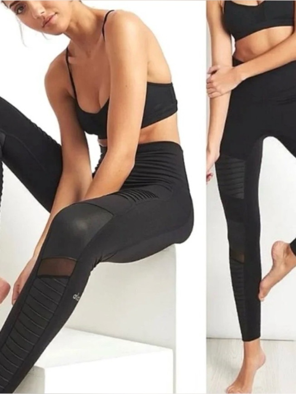 ALO Yoga Black High-Waist Mesh & Ribbed Panel Moto Leggings S